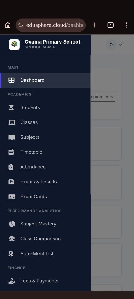 EduSphere school dashboard on mobile